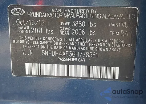2016 Hyundai Elantra Se from USA, damaged, VIN 5NPDH4AE3GH778561